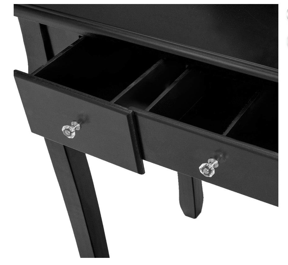 Modern makeup vanity with ample storage space, perfect for makeup enthusiasts.