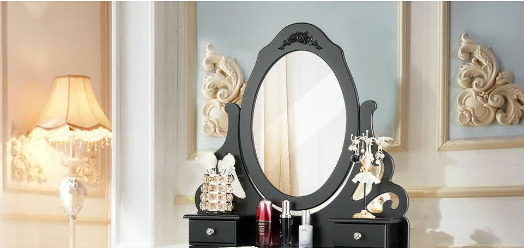 Aesthetic view of the modern makeup vanity set adorned with beauty products.