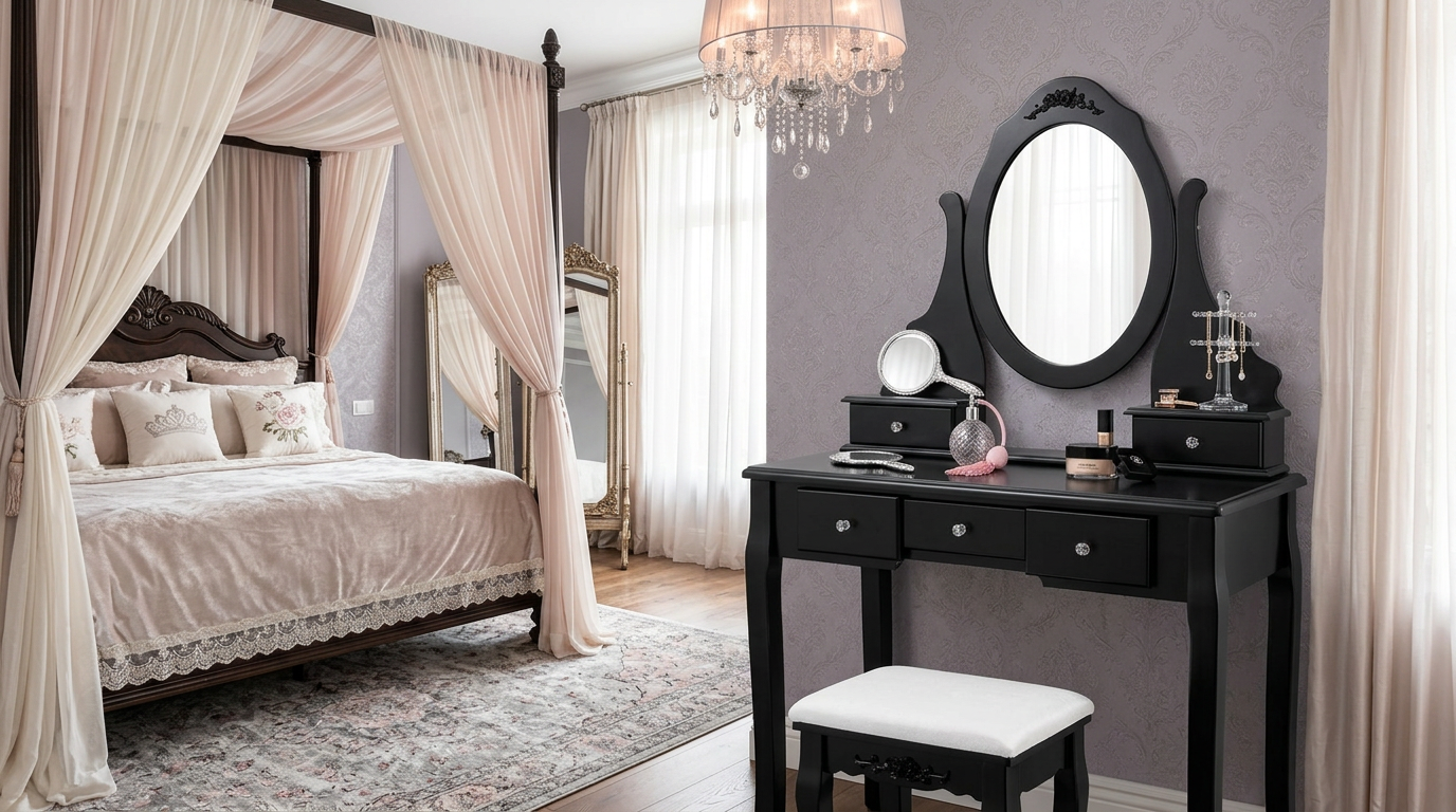 Close-up of the 360° rotating mirror on the modern makeup vanity, enhancing usability.