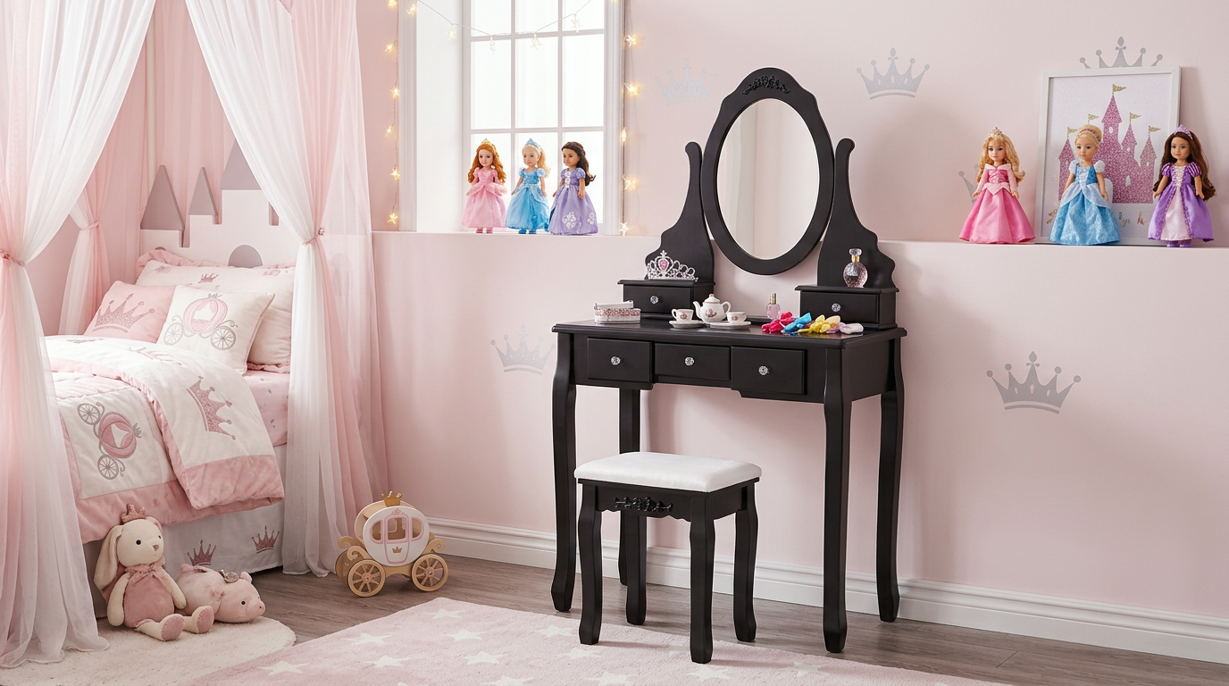 Vanity table set displayed in a well-decorated bedroom, showcasing the modern makeup vanity style.