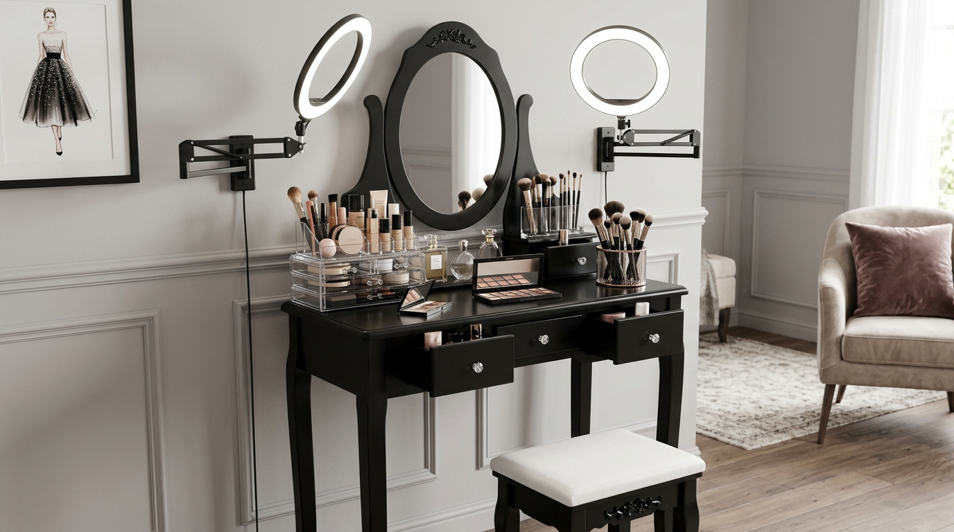 Chic arrangement of a modern makeup vanity with LED lighting and makeup organizers.