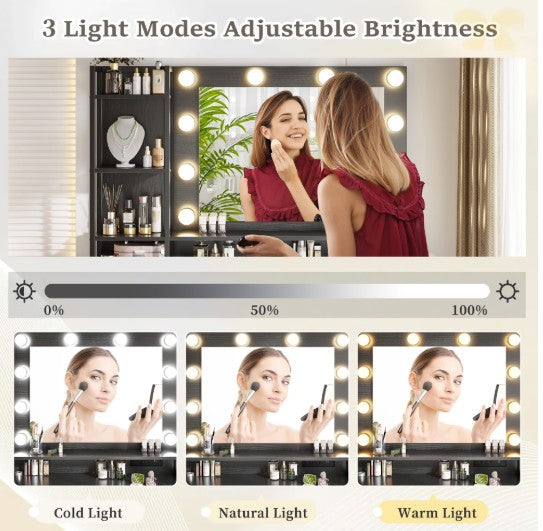Black LED Glam Vanity – 3-Color Mirror