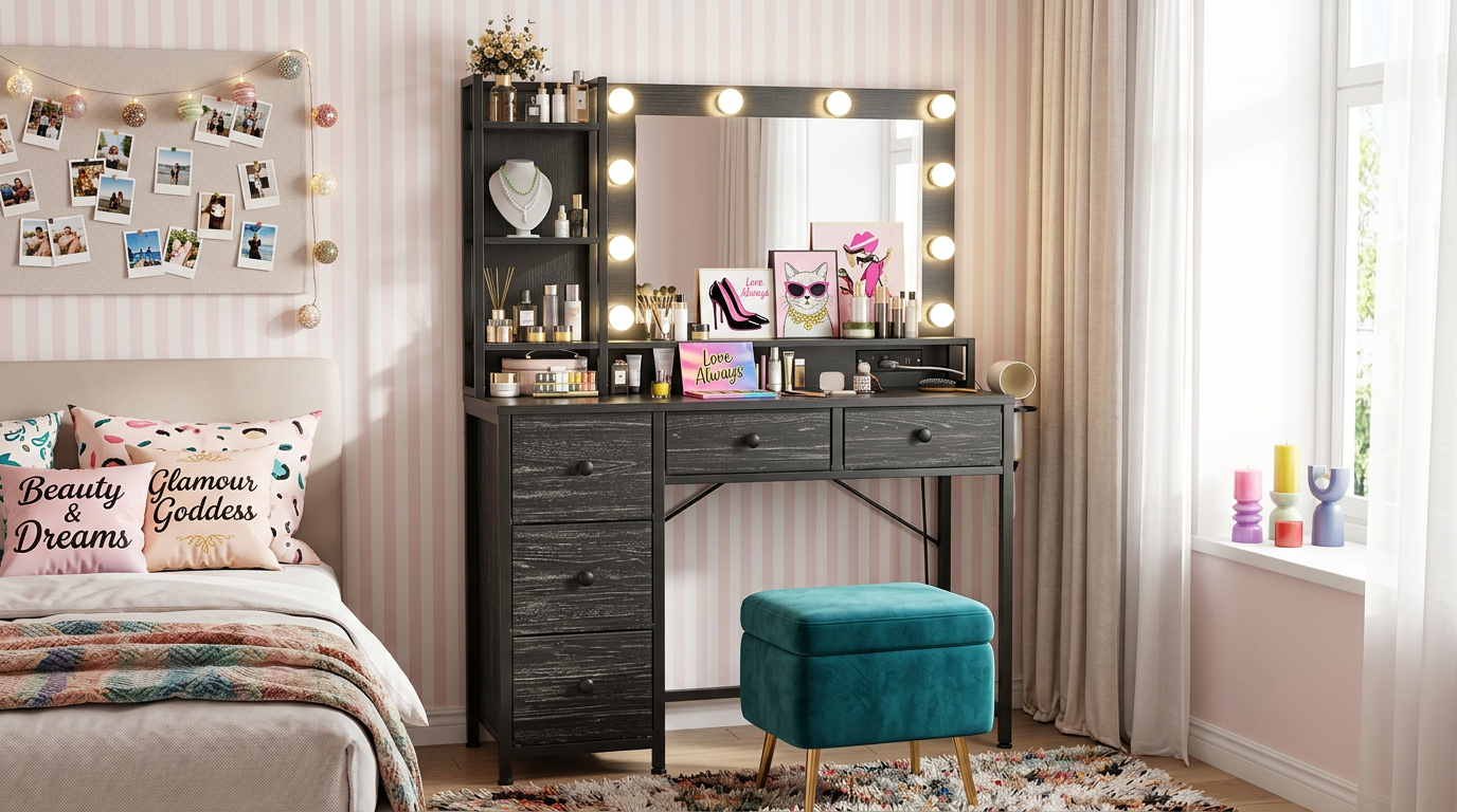 Black LED Glam Vanity – 3-Color Mirror