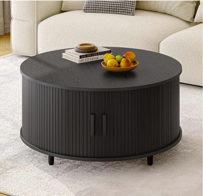 Overall look of the black round mid century coffee table in a modern setting – A stylish blend of decor and storage.
