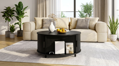 Minimalist decor featuring the black round coffee table – This mid century coffee table is both functional and aesthetic.