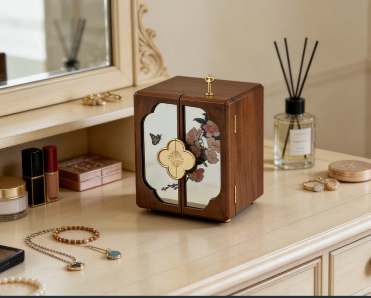 World Menagerie Black Walnut Jewelry Box with Lock - 5-Layer Wooden Organizer with Mirror - Black Walnut, decorative wooden jewelry box with floral glass doors