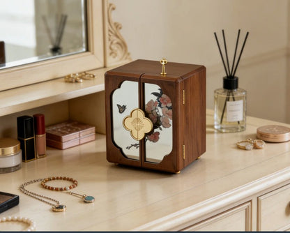 World Menagerie Black Walnut Jewelry Box with Lock - 5-Layer Wooden Organizer with Mirror - Black Walnut, decorative wooden jewelry box with floral glass doors