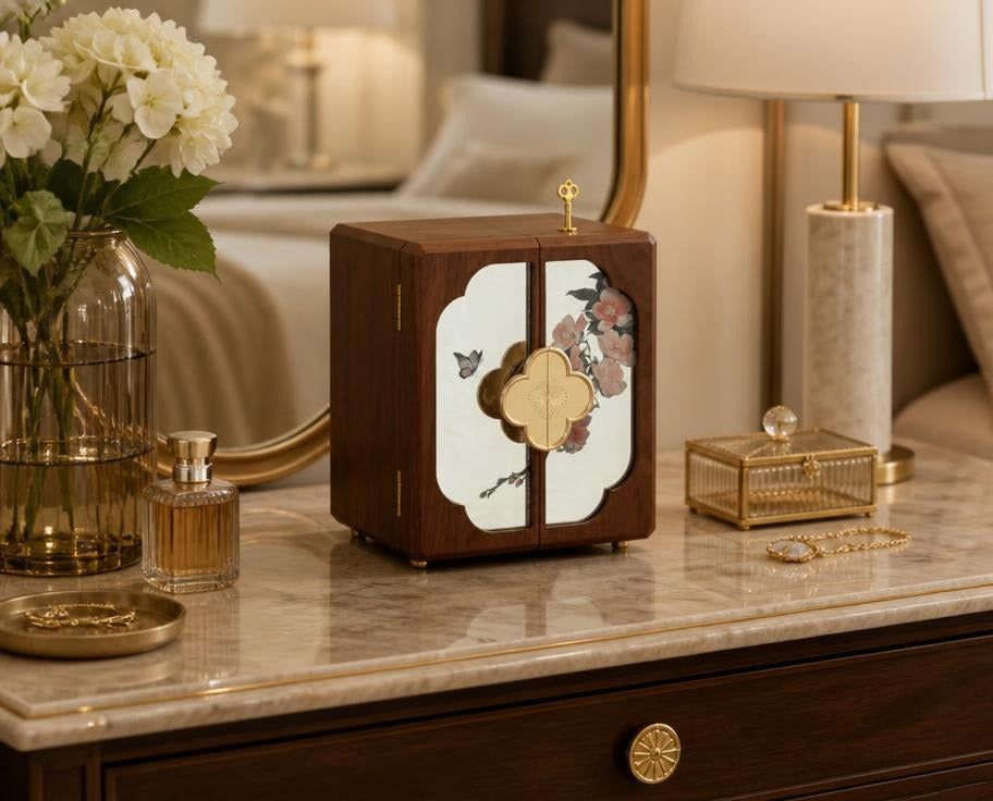 World Menagerie Black Walnut Jewelry Box with Lock - 5-Layer Wooden Organizer with Mirror - Black Walnut, organized necklace and bracelet storage