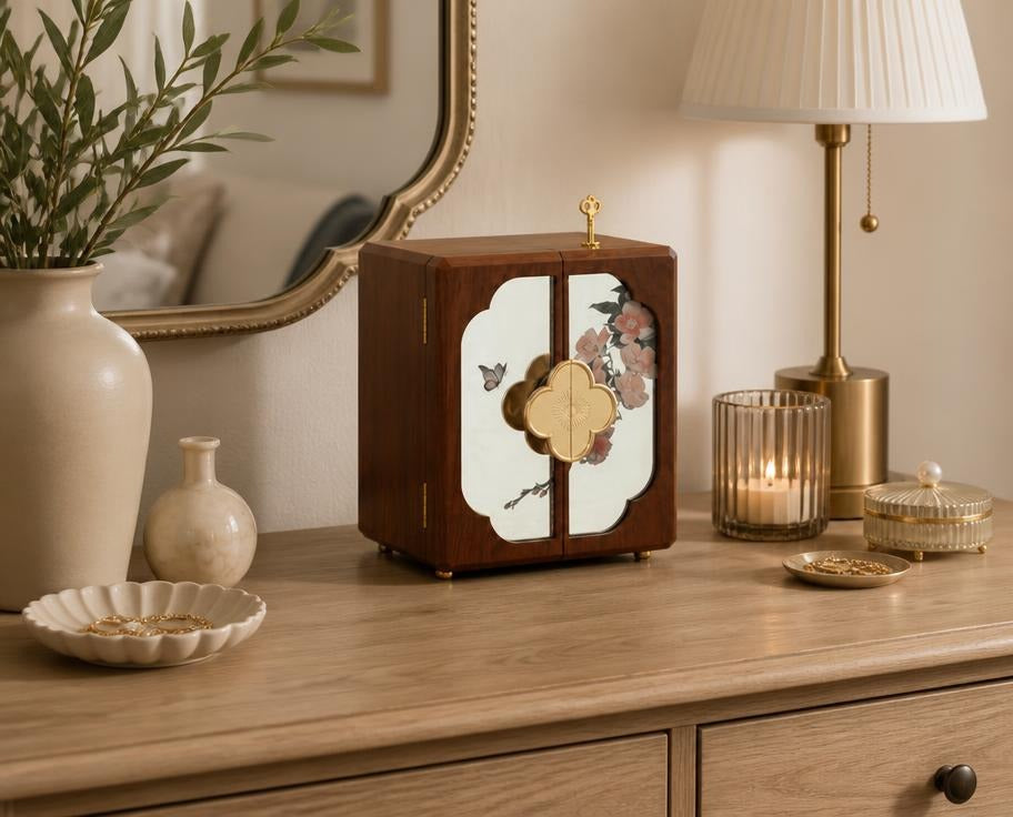 World Menagerie Black Walnut Jewelry Box with Lock - 5-Layer Wooden Organizer with Mirror - Black Walnut, gold-tone four-leaf clover handle detail