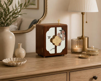 World Menagerie Black Walnut Jewelry Box with Lock - 5-Layer Wooden Organizer with Mirror - Black Walnut, gold-tone four-leaf clover handle detail