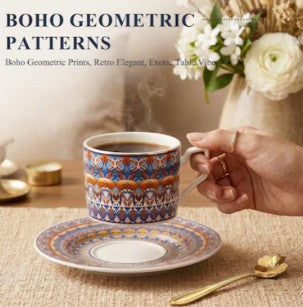 Bohemian Ceramic Coffee Cup and Saucer Set for 2, 8.5 oz Espresso Mugs with Spoons, ceramic coffee cup set for two