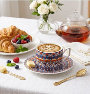 Bohemian Ceramic Coffee Cup and Saucer Set for 2, 8.5 oz Espresso Mugs with Spoons, bohemian ceramic coffee cup set on saucers