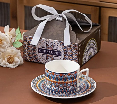 Bohemian Ceramic Coffee Cup and Saucer Set for 2, 8.5 oz Espresso Mugs with Spoons, ceramic coffee cup set gift idea