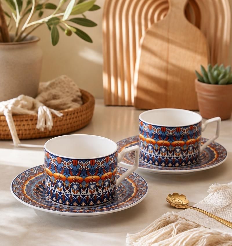 Bohemian Ceramic Coffee Cup and Saucer Set for 2, 8.5 oz Espresso Mugs with Spoons, pearl-style packaged ceramic coffee cup set