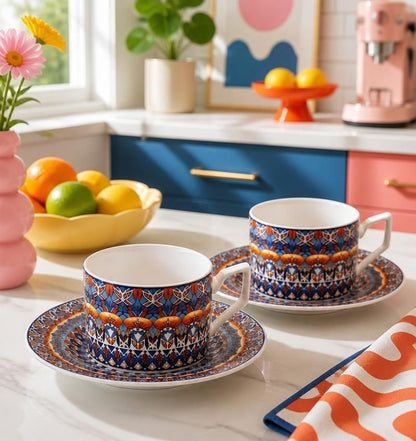 Bohemian Ceramic Coffee Cup and Saucer Set for 2, 8.5 oz Espresso Mugs with Spoons, Bohemian-A ceramic coffee cup set design