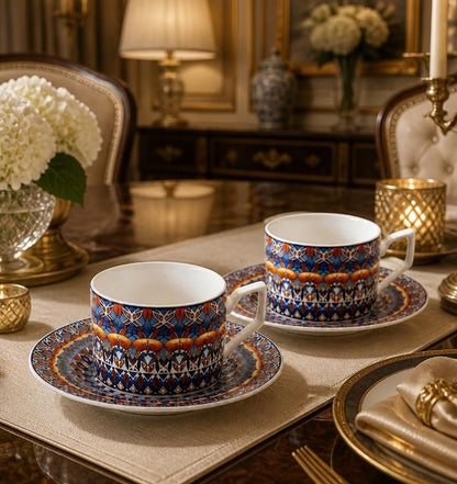Bohemian Ceramic Coffee Cup and Saucer Set for 2, 8.5 oz Espresso Mugs with Spoons, Bohemian-D ceramic coffee cup set design