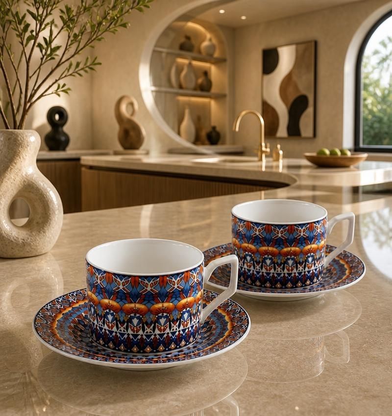 Bohemian Ceramic Coffee Cup and Saucer Set for 2, 8.5 oz Espresso Mugs with Spoons, ceramic coffee cup set product view