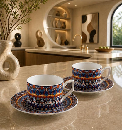 Bohemian Ceramic Coffee Cup and Saucer Set for 2, 8.5 oz Espresso Mugs with Spoons, ceramic coffee cup set product view