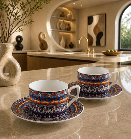 Bohemian Ceramic Coffee Cup and Saucer Set for 2, 8.5 oz Espresso Mugs with Spoons, ceramic coffee cup set product view