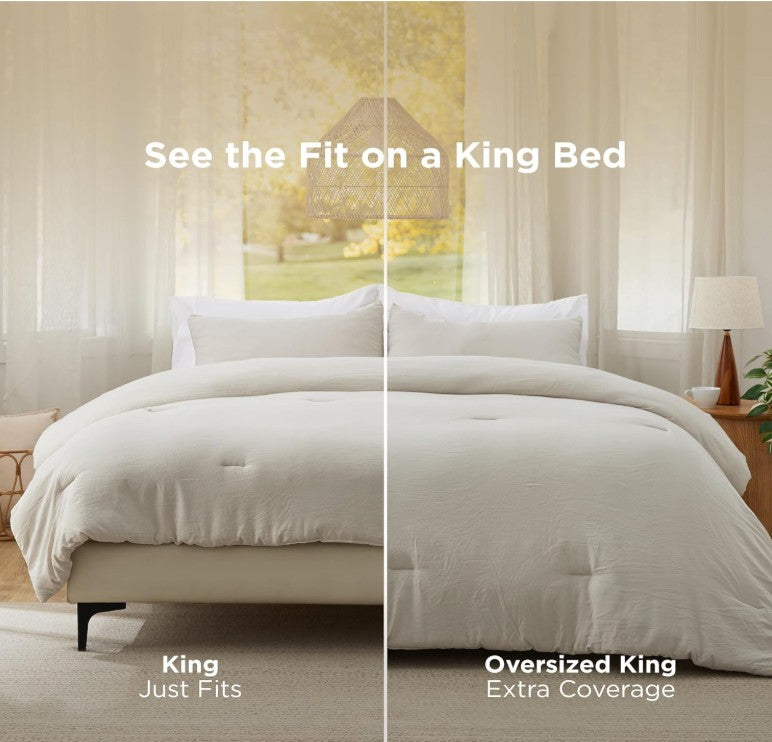 California King Comforter Set – Variety of colors including Beige and White displayed in settings.
