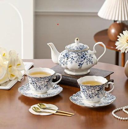 Detailed view of the teacup from the Vintage Blue Floral Bone China Teapot Set.
