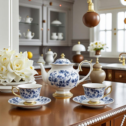 Beautifully arranged Vintage Blue Floral Bone China Tea Set on a small tray with flowers.