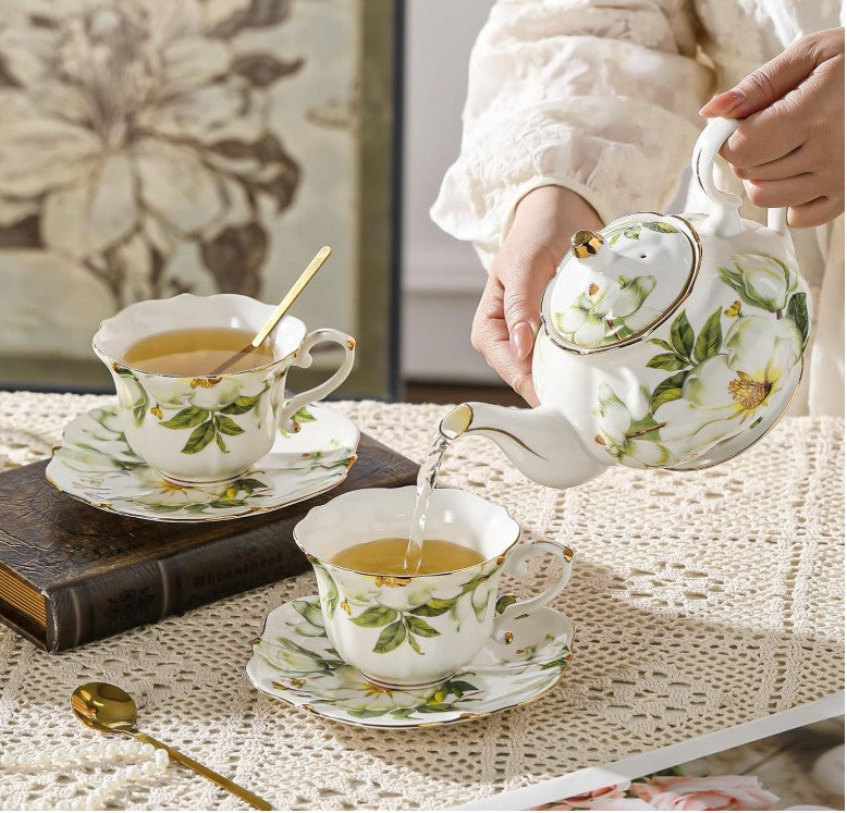 Elegant Vintage Blue Floral Bone China Teapot Set for afternoon tea with friends.