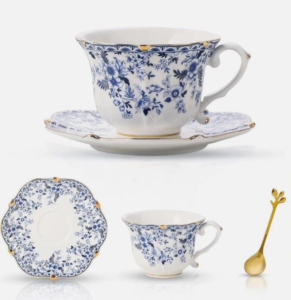 Vintage Blue Floral Bone China Tea Set featuring the beautiful floral pattern and elegant design.