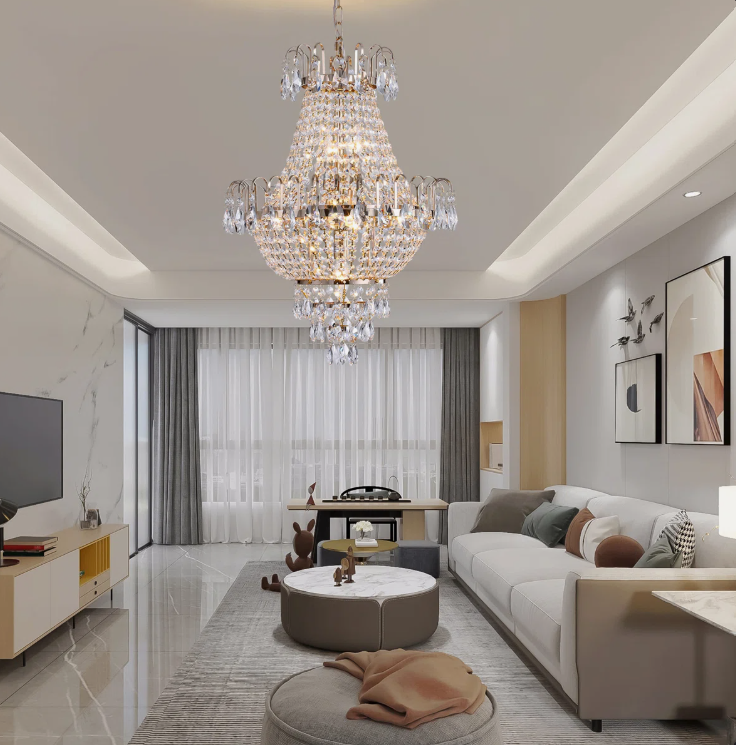 Gold K9 Crystal Chandelier positioned above a dining table, creating a vibrant and luxurious dining experience.