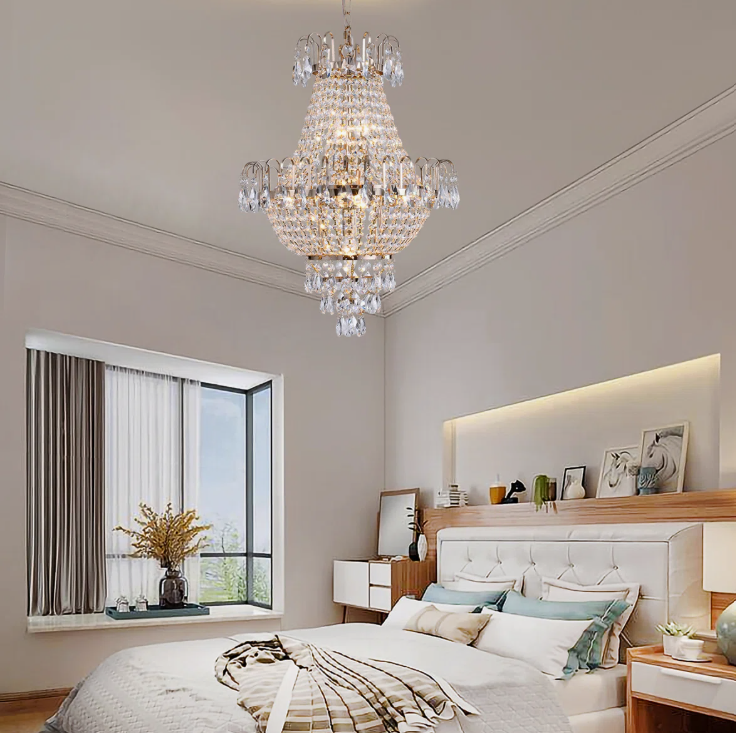 Elegant Gold K9 Crystal Chandelier displayed in a modern living room, complementing contemporary decor.
