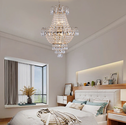 Elegant Gold K9 Crystal Chandelier displayed in a modern living room, complementing contemporary decor.