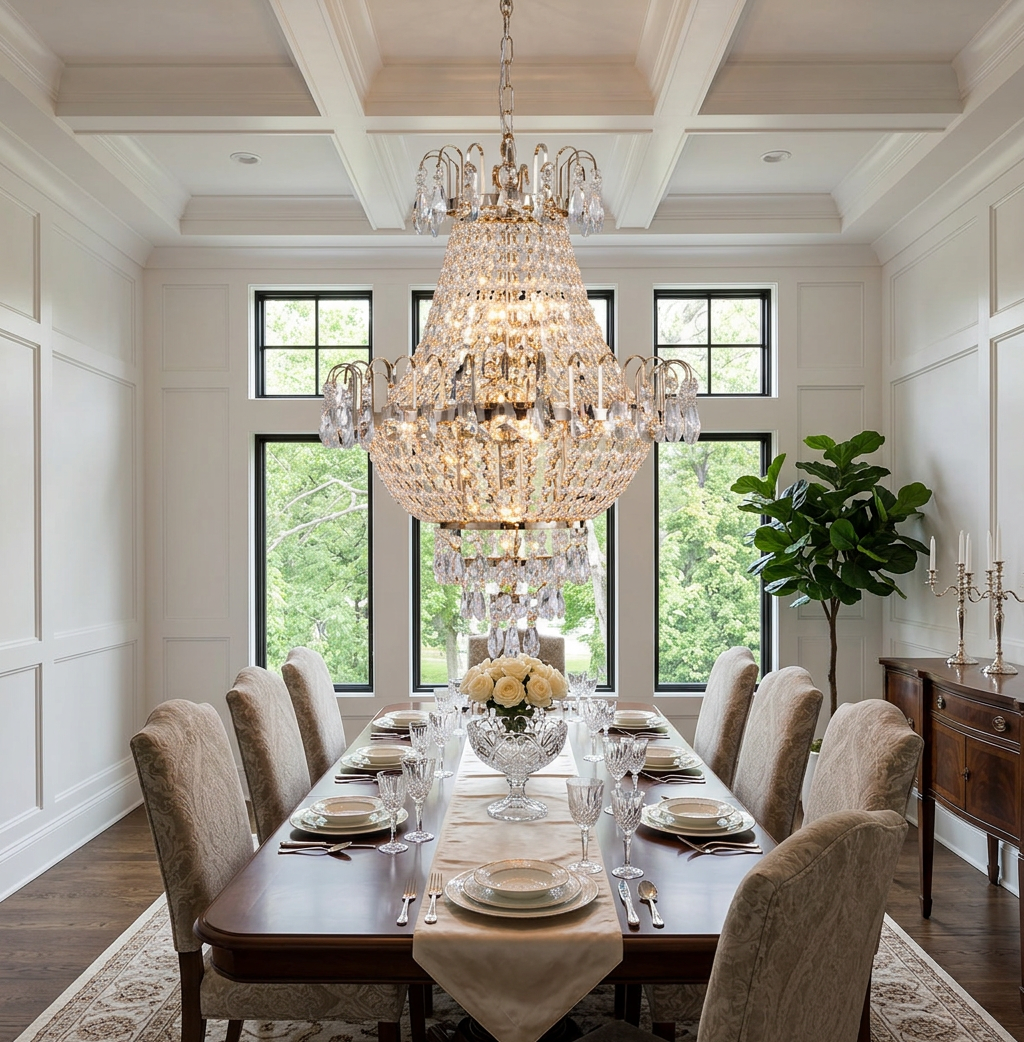 Warm lighting emitted by Gold K9 Crystal Chandelier, enhancing the cozy atmosphere of a dining area.