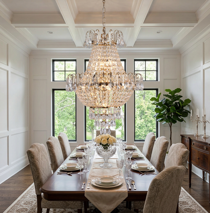 Warm lighting emitted by Gold K9 Crystal Chandelier, enhancing the cozy atmosphere of a dining area.