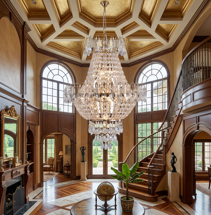 Beautifully arranged Gold K9 Crystal Chandelier as a centerpiece in a lavish interior setting.