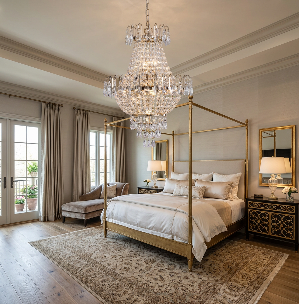 Gold K9 Crystal Chandelier lit up in a luxurious living space, emphasizing upscale interior design.