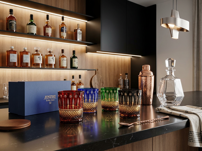 Elegant Premium Hand-Cut Whiskey Glass – Lead-Free Crystal Edo Kiriko Tumbler, perfect for showcasing craftsmanship in bar settings.
