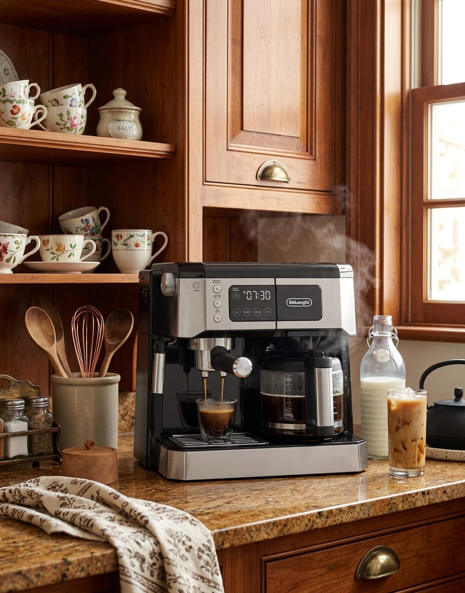 The De'Longhi All-In-One Coffee Machine on a countertop, embodying convenience and luxury for coffee enthusiasts.
