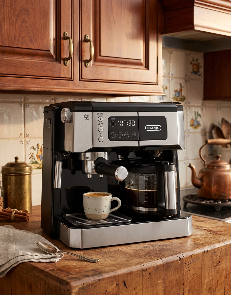 A vibrant coffee station featuring the De'Longhi All-In-One Coffee Machine, perfect for elevating your morning routine.