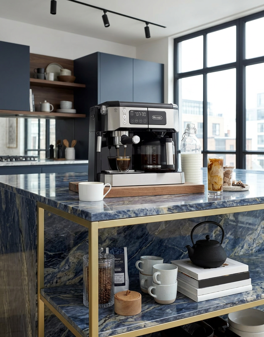 The back design of the De'Longhi All-In-One Coffee Machine, emphasizing its sleek modern aesthetic and powerful performance.