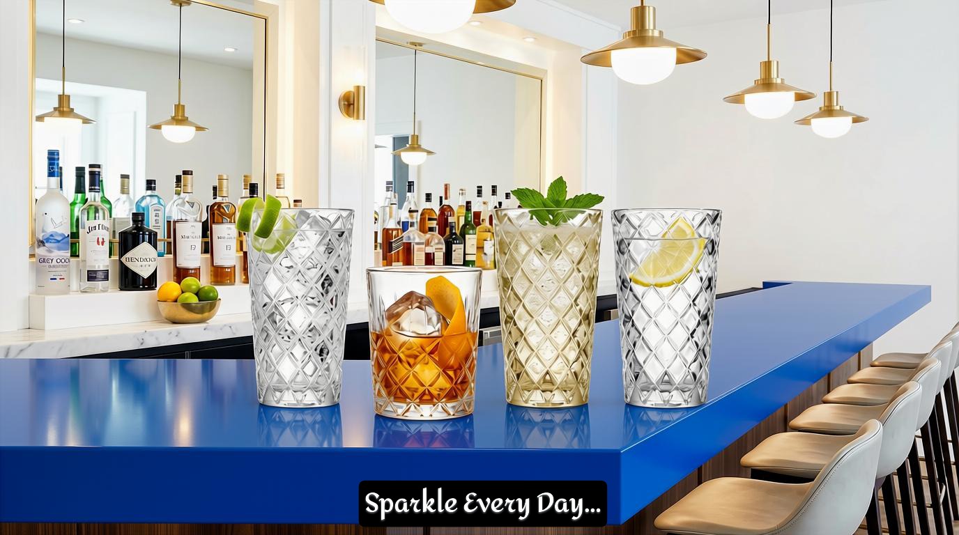 Luxury Diamond Cut Highball Glasses set, featuring a comfortable grip design and stunning diamond texture.