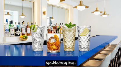 Luxury Diamond Cut Highball Glasses set, featuring a comfortable grip design and stunning diamond texture.