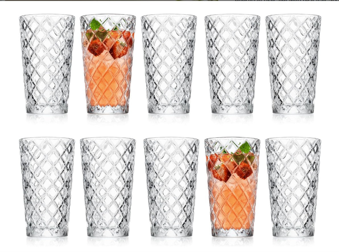 Luxury Diamond Cut Highball Glasses paired with a chic mirrored tray, elevating your bar ambiance.