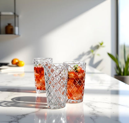 Set of 10 Luxury Diamond Cut Highball Glasses, perfect for hosting upscale events with a touch of sparkle.