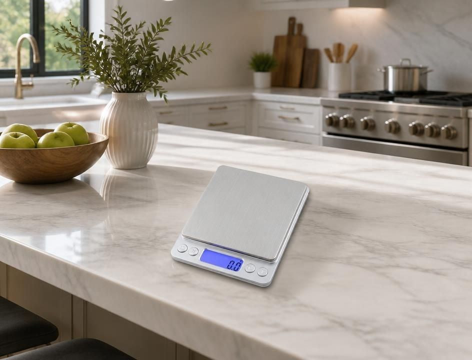 3000g Digital Kitchen Scale, 0.1g Precision Stainless Steel digital kitchen scale with illuminated LCD screen