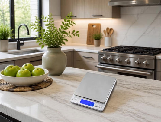 3000g Digital Kitchen Scale, 0.1g Precision Stainless Steel digital kitchen scale on a countertop
