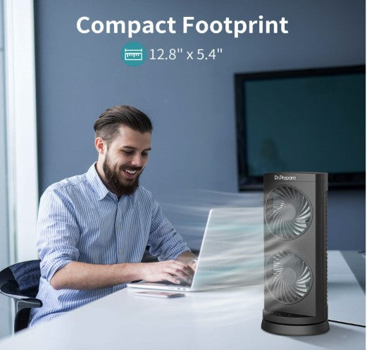 DR.PREPARE Portable Desk Tower Fan - Dual Fan Design with 110° Oscillation - Black, portable desk fan with push-button controls