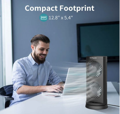 DR.PREPARE Portable Desk Tower Fan - Dual Fan Design with 110° Oscillation - Black, portable desk fan with push-button controls