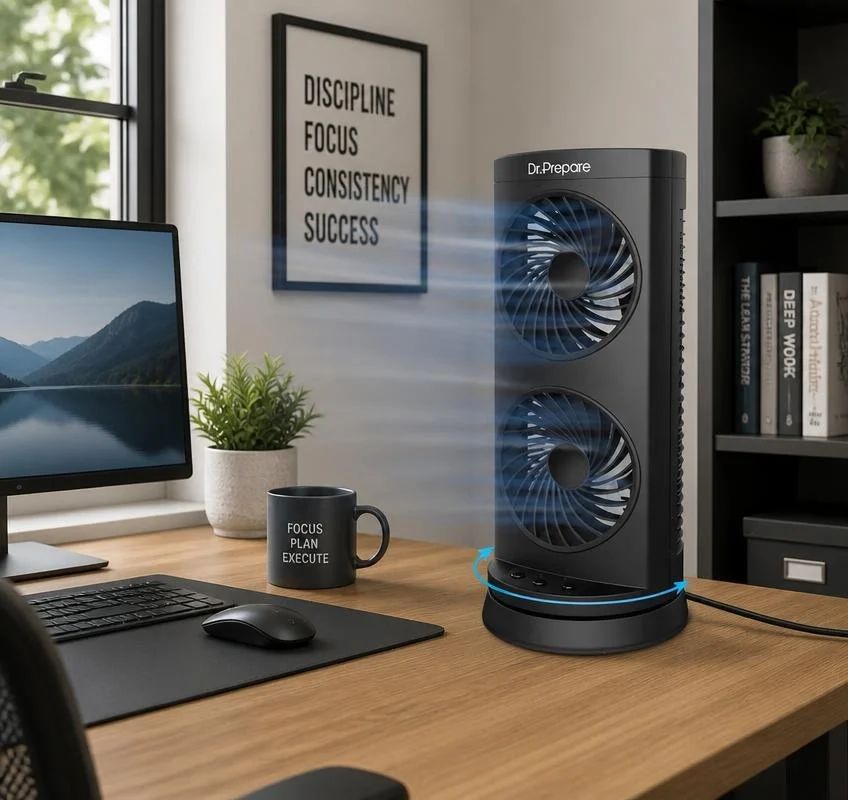 DR.PREPARE Portable Desk Tower Fan - Dual Fan Design with 110° Oscillation - Black, portable desk fan product view