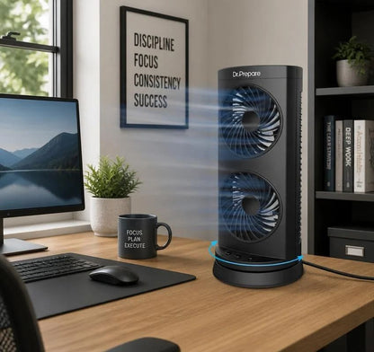 DR.PREPARE Portable Desk Tower Fan - Dual Fan Design with 110° Oscillation - Black, portable desk fan product view
