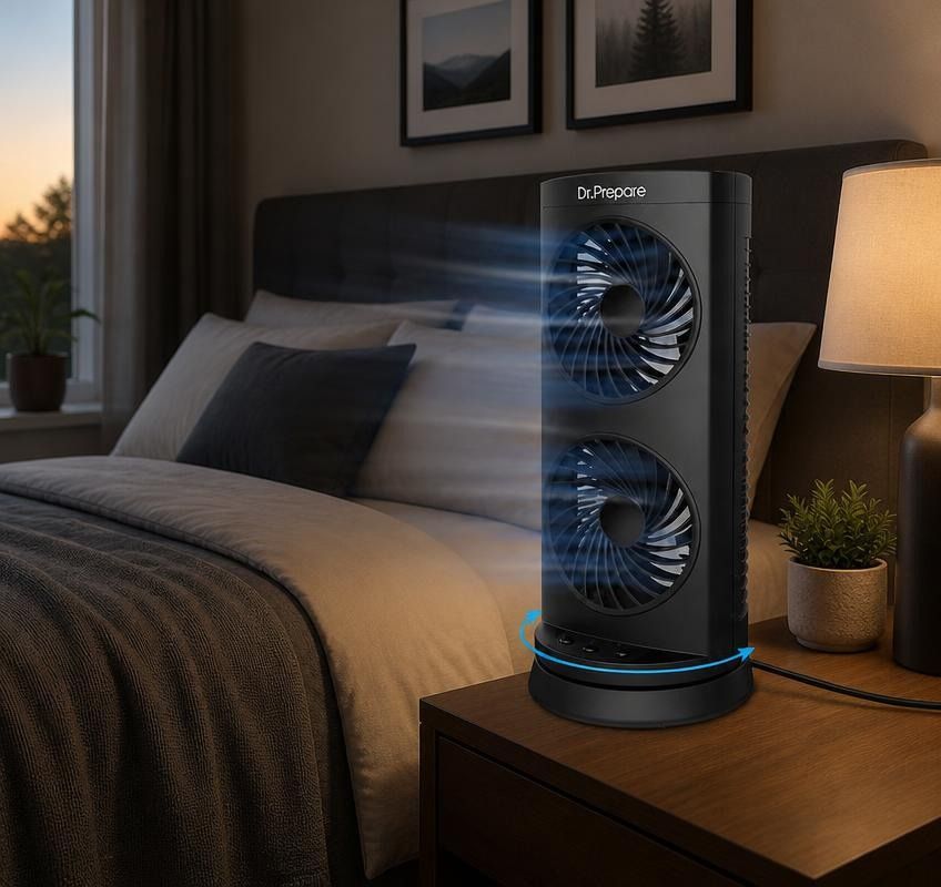 DR.PREPARE Portable Desk Tower Fan - Dual Fan Design with 110° Oscillation - Black, portable desk fan for bedside cooling